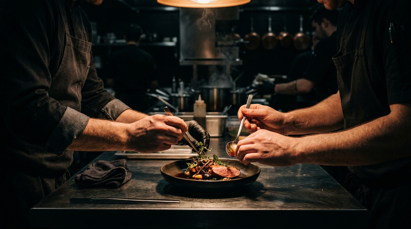 Des chefs dressent une assiette au passe dans une cuisine de restaurant professionnelle